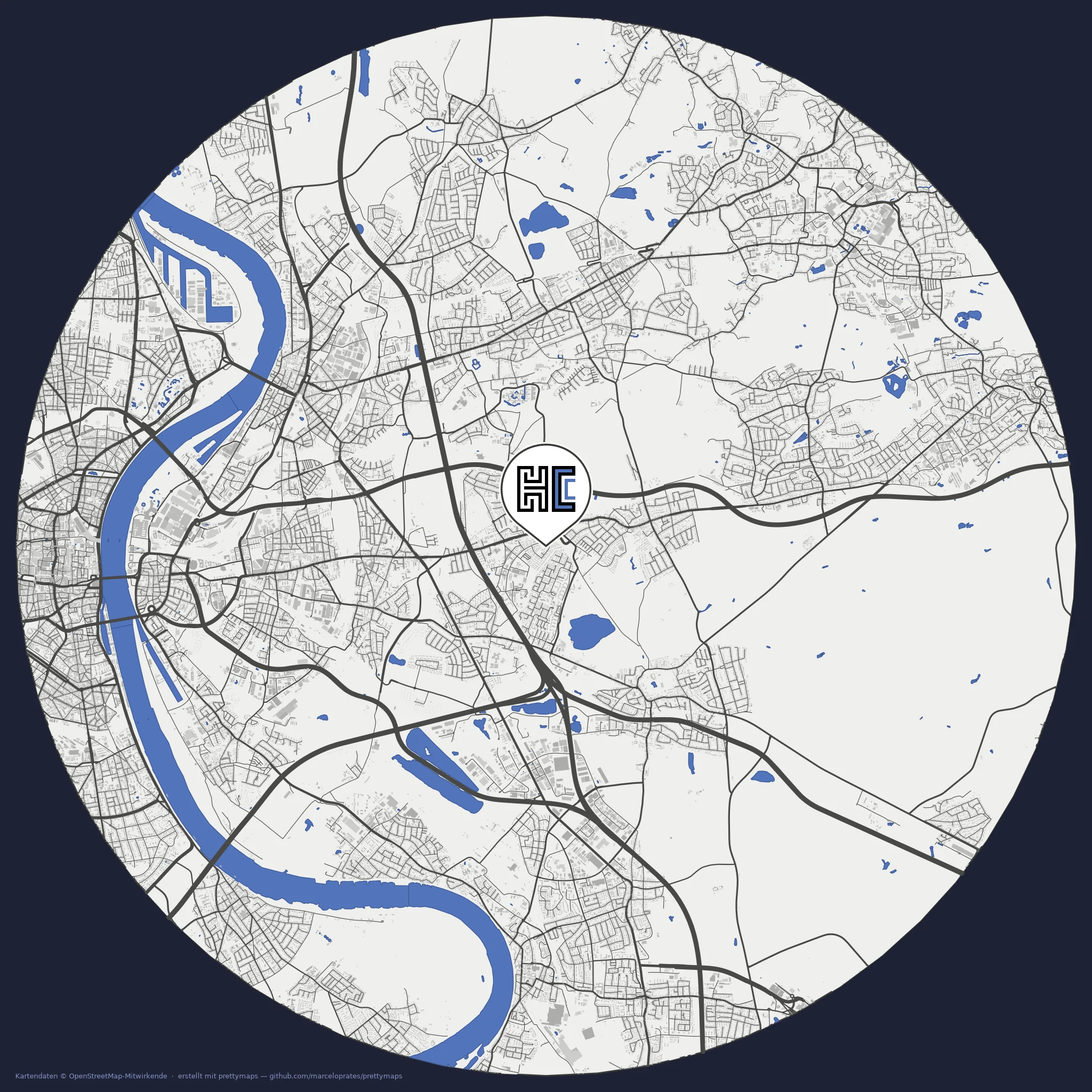 Karte von K&ouml;ln mit dem Standort von Hard Coded Cologne am Anisweg 3
